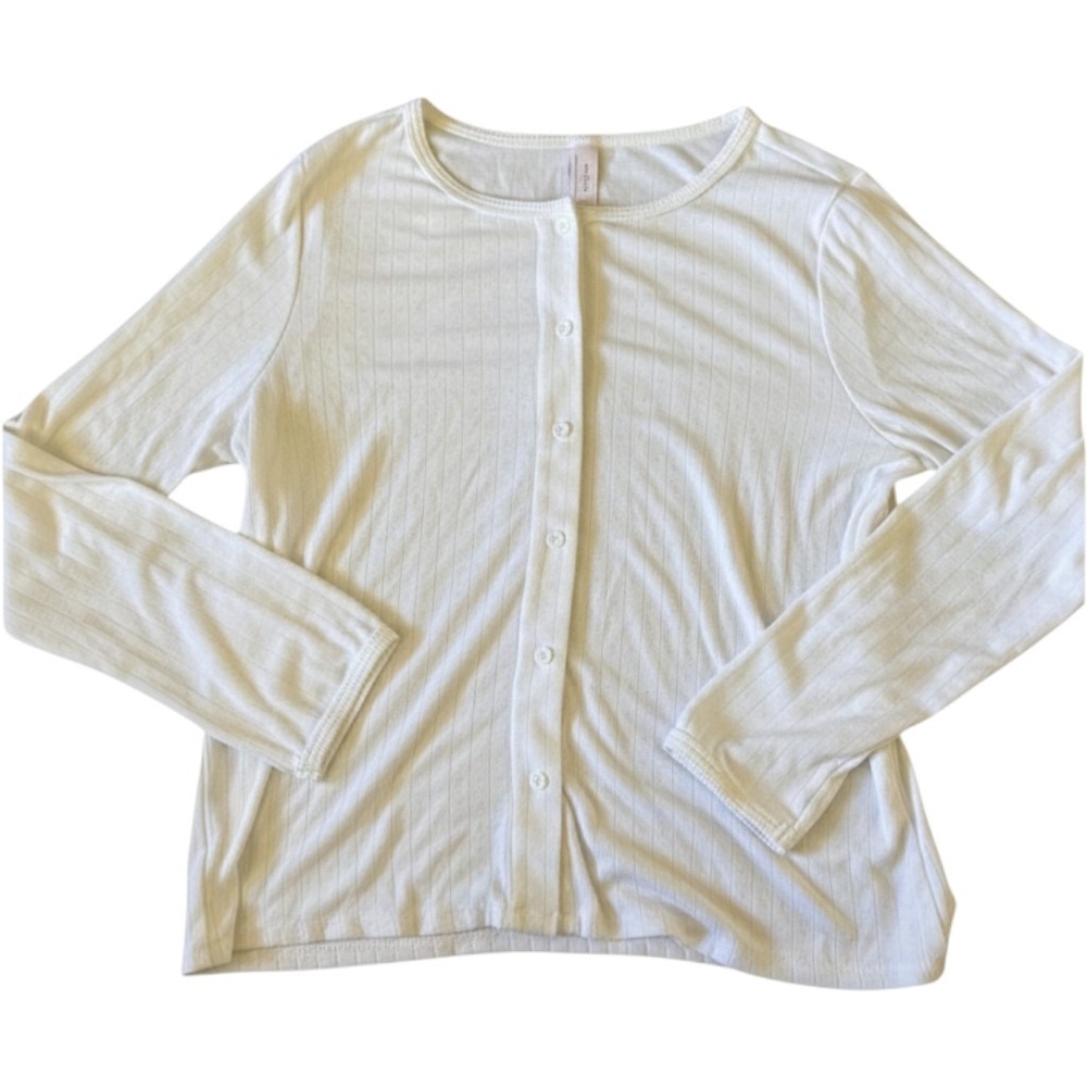 Auden White Pointelle Button Front Cardigan Top Coquette Long Sleeve L